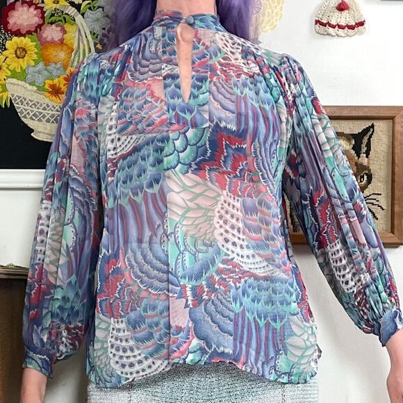 Vintage Bohemian Chiffon Blouse, 1970s Helene Sidel Feather Print Balloon Sleeve - Picture 5 of 10